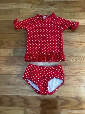 Ruffle Butts Red & White Polka Dot 2 Pc Bathing Suit Swim Top 28-24 Months